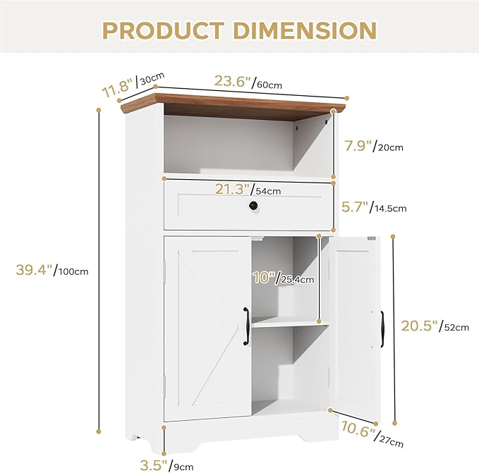 Floor Cabinet, Farmhouse Storage Cabinet with Barn Doors and Drawer, Freestanding Adjustable Shelf Organizer for Bathroom, Kitchen, Living Room White