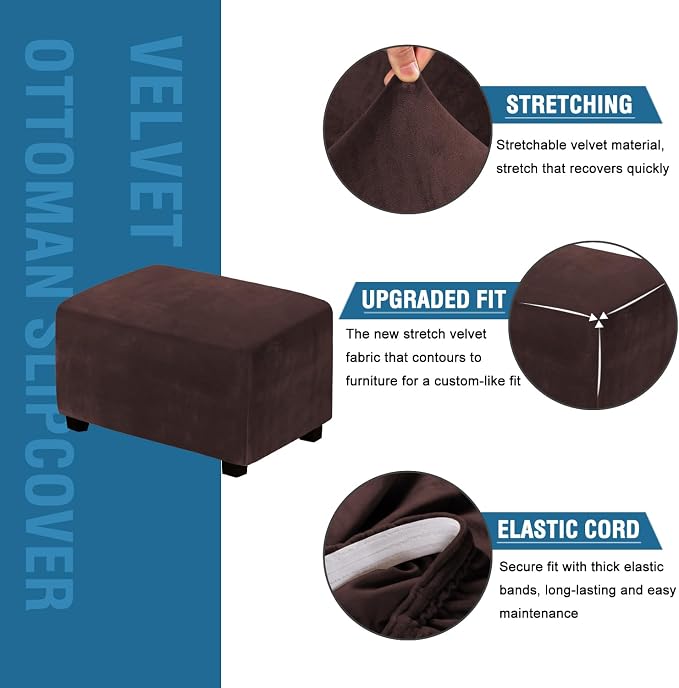 H.VERSAILTEX Real Velvet Plush 1 Piece Form Fit Stretch Rectangle Folding Storage Covers Ottoman Slipcovers Removable Footstool Protect Footrest Covers Elastic Bottom, Machine Washable(X-Large, Brown)