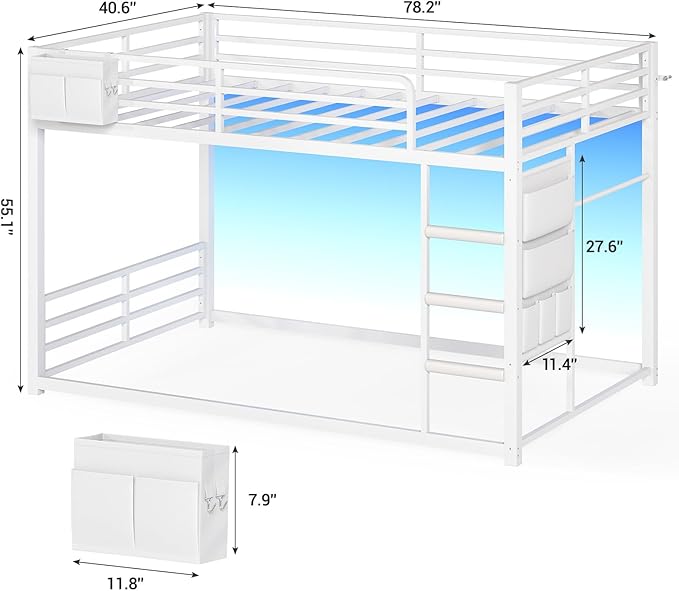 UPOSOJA Bunk Bed Twin Over Twin Bed Frame with LED Lights, Metal Bunk Bed with 13" Guardrail & 3-Step Ladder, Space Saving for Kids and Teen, White