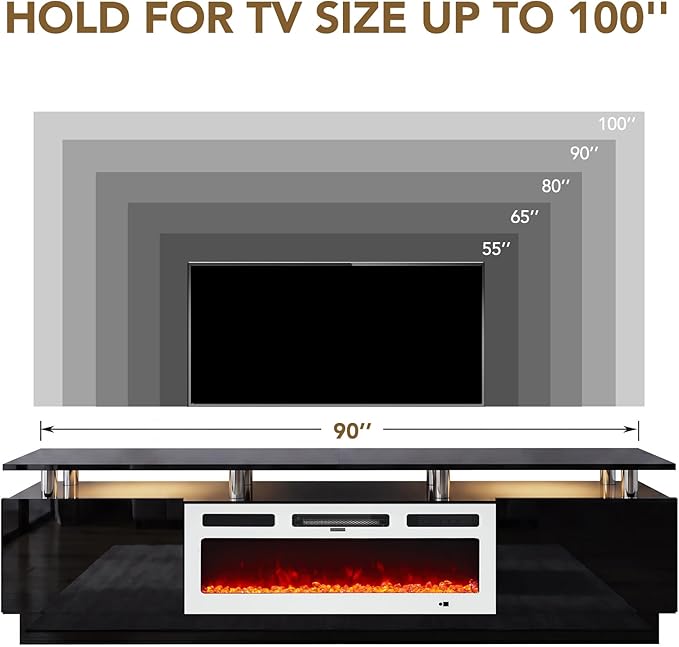90" TV Stand for Living Room, Large Entertainment Center & Media Console, Fits TVs up to 100", Storage Cabinet with Shelves, 50" Electric Fireplace, Black & White