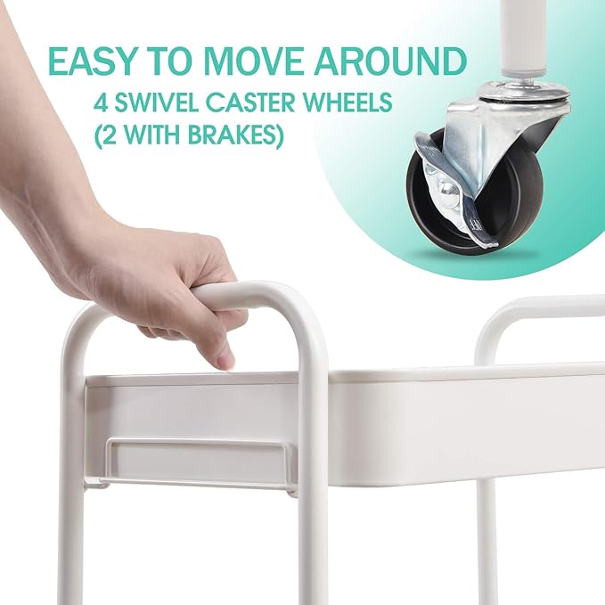 TOOLF 3-Tier Rolling Cart - Metal Utility Storage Organizer with Lockable Wheels, 33 lbs Per Shelf, Tool-Free 5-Min Assembly, for Kitchen Bathroom Office Nursery Craft Room, White