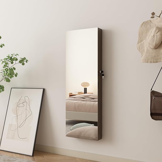 Full Length Mirror Jewelry Cabinet Organizer for Makeup and Jewelry, Lockable Door Wall-Mounted Jewelry Armoire with Shelves and Behind-the-Door Storage Rustic Brown