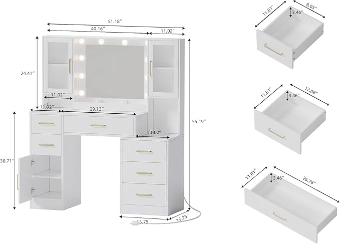 TOKSOM 51" Vanity Desk with Mirror and Lights & Charging Station, Bedroom Dressing Table, Large Vanity Set, 6 Drawers and 2 Cabinets, Makeup Vanity Table with Charging Station, Without Stool