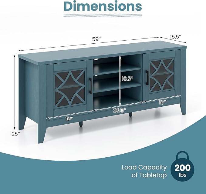Giantex Farmhouse TV Stand for TVs up to 65", Entertainment Center with 4 Adjustable Storage Shelves & Tempered Glass Doors, Modern TV Console Table for Bedroom, Living Room (Teal Blue)