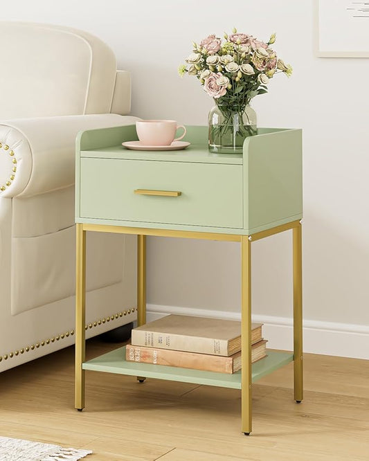 Nightstand,Modern Bedside Table Night Stand with Storage Drawer and Open Shelf,Small End Side Table for Bedroom,Living Room,Green