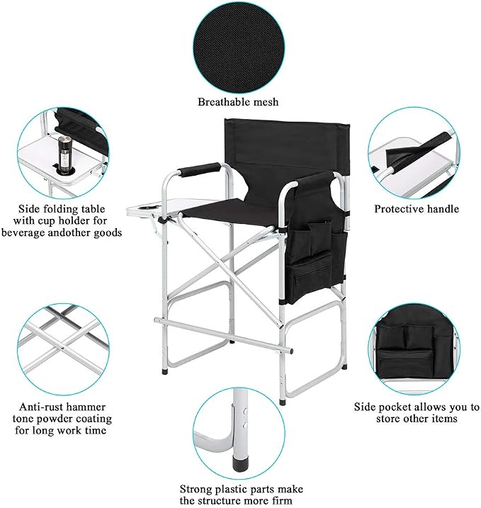 Tall Directors Chair Foldable, Portable Makeup Artist Chair Heavy Duty with Side Table Storage Bag Footrest, Folding Chair for Camping and Golf Course, Supports 400lbs