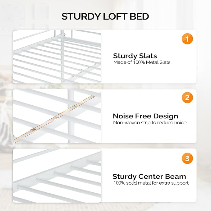 VINGLI Loft Bed Full Size with Flat Rungs for Adults, Kids and Young Teens, No Box Spring Required,Heavy Duty Metal Slat Support,White