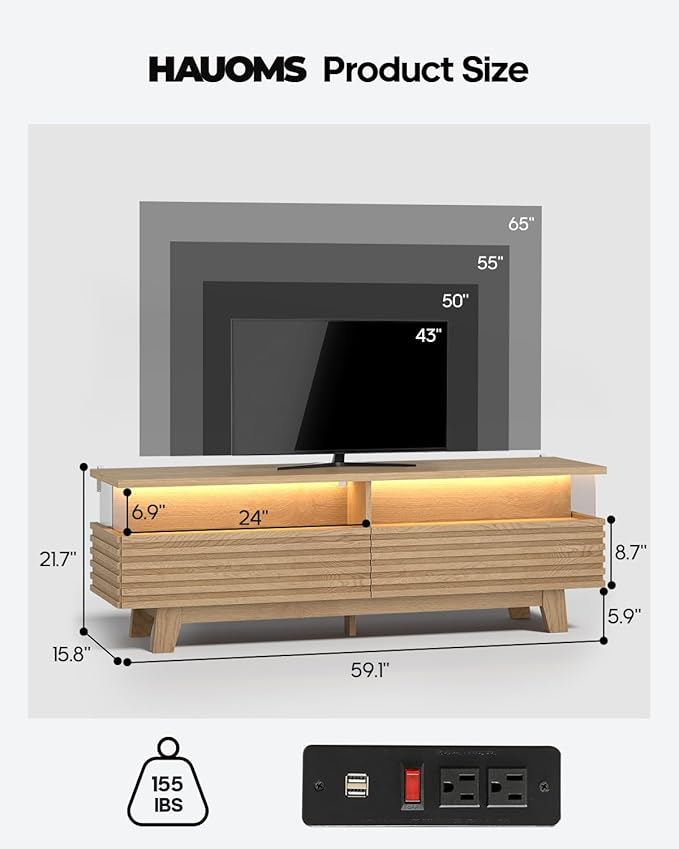 HAUOMS 59" TV Stand for Living Room with Cable Management, Hidden Power Station, LED Lights, Media Console up to 70", Entertainment Center, Fluted Modern TV Cabinet with Storage, Anti-Tip, Oak