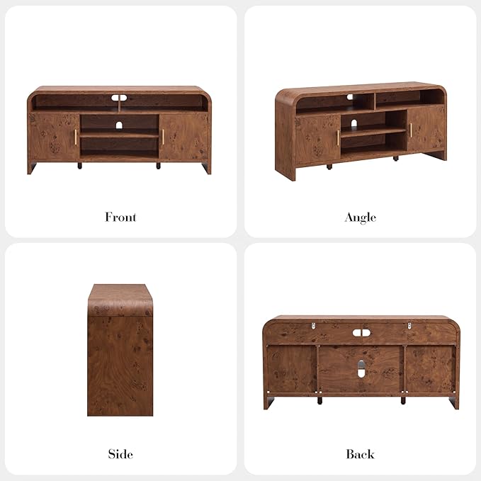 Entertainment Center for Living Room, Curved TV Stand with 3 Adjustable Shelves [FSC-Certified Wooden Board] Modern Media Console for TVs up to 65'', Farmhouse Storage Cabinet
