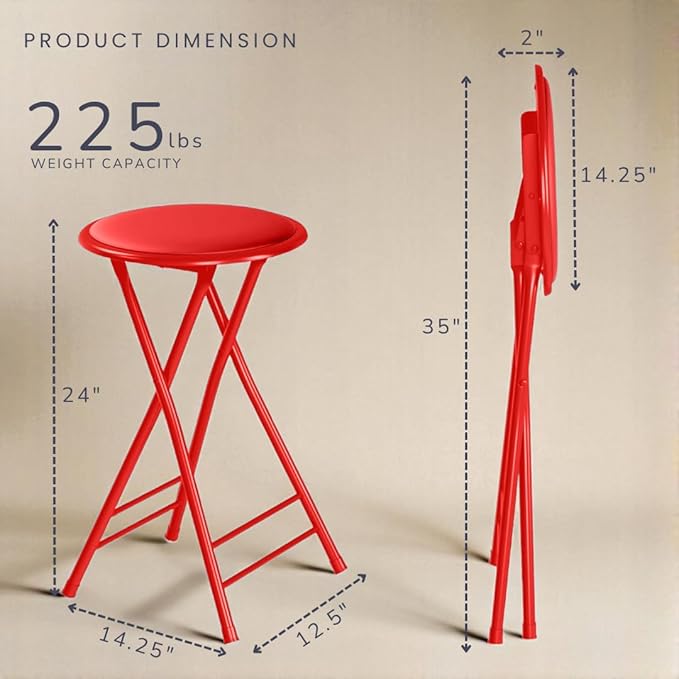 Lavish Home Folding Stool - Backless 24-Inch Stool with 225lb Capacity for Kitchen or Rec Room - Portable Indoor Counter Bar Stools (Red)
