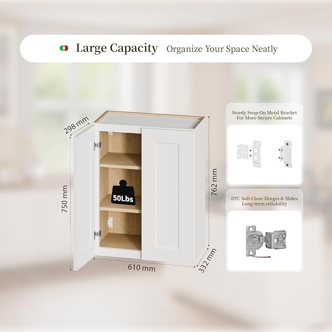 Kisart Laundry Room Cabinets Wall Mounted with Doors & Shelves, Solid Wood RTA Medicine Storage Cabinet, 24Wx30Hx12D Inch White Shaker Hanging Cupboard, Space-Saving for Kitchen, Bathroom, Garage