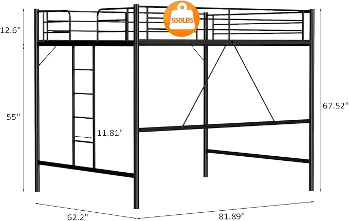 VINGLI Queen Loft Bed with Flat Rungs for Adults, Kids and Young Teens, No Box Spring Required,Heavy Duty Metal Slat Support, Black