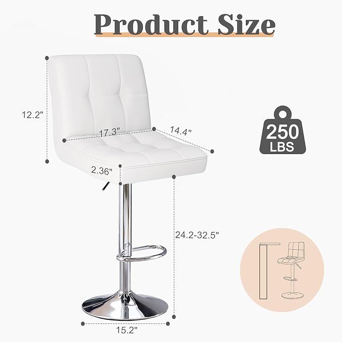 Sweetcrispy Bar Stools Set of 2, Armless PU Leather Adjustable Swivel Barstools, Hydraulic Kitchen Counter Height Thickened Seat Cushion Square Island Countertop Chairs with Back, White