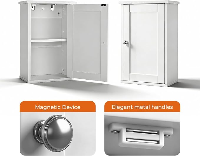 VINGLI Bathroom Wall Cabinet, White Medicine Cabinet with Single Door, Small Over Toilet Storage Organizer with Adjustable Shelf, Hanging Kitchen Cupboard for Laundry Room, 13.7x7.5x19.7 Inch