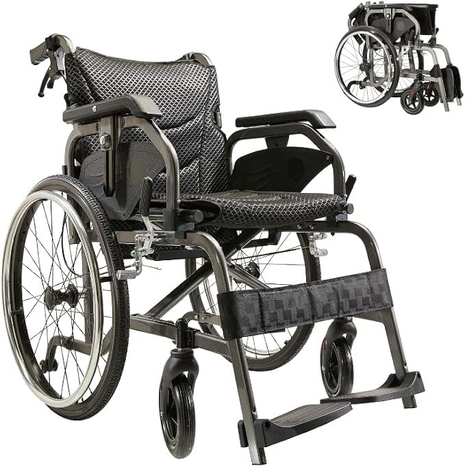 Lightweight Foldable Wheelchair for Adults - Aluminum Frame with Square Tube Design, 18" Seat & 22" PU Wheels, Front/Rear Locking Brakes, Nanometer Grey