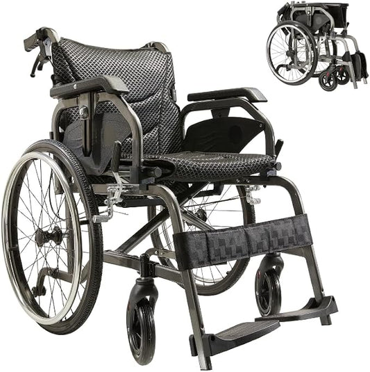 Lightweight Foldable Wheelchair for Adults - Aluminum Frame with Square Tube Design, 18" Seat & 22" PU Wheels, Front/Rear Locking Brakes, Nanometer Grey