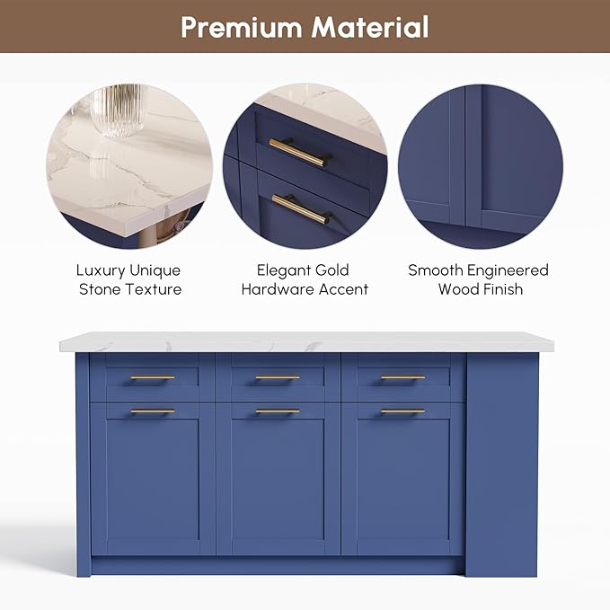 homary 72" Modern Kitchen Island with Storage, White Marble-Effect Engineered Wood Top, Modern Kitchen Table for Dining Room, Blue