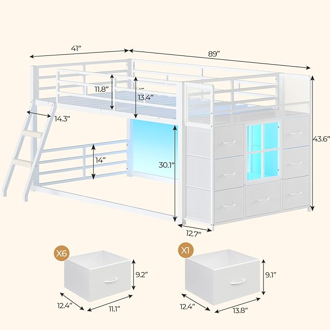 BTHFST Low Bunk Bed Twin Over Twin with 7 Large Fabric Drawers & Bookshelf, Metal Bunk Bed with RGB LED Lights & Slanted Ladder & Safety Guardrail, Kids Low Loft Bed Twin for Small Space, White