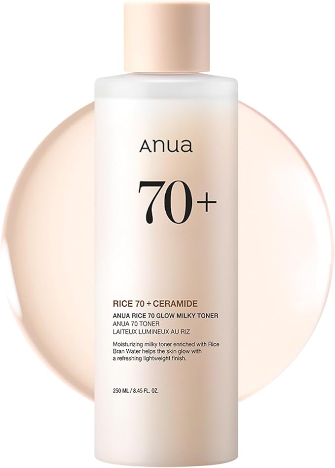 Anua Rice 70 Glow Milky Toner, Glass & Dewy Skin, Hydrating & Barrier Care, Rice Water, Niacinamide, Ceramides, All Skin Types, Fragrance-Free, Non Comedogenic, Korean Skincare, 8.45 fl.oz.