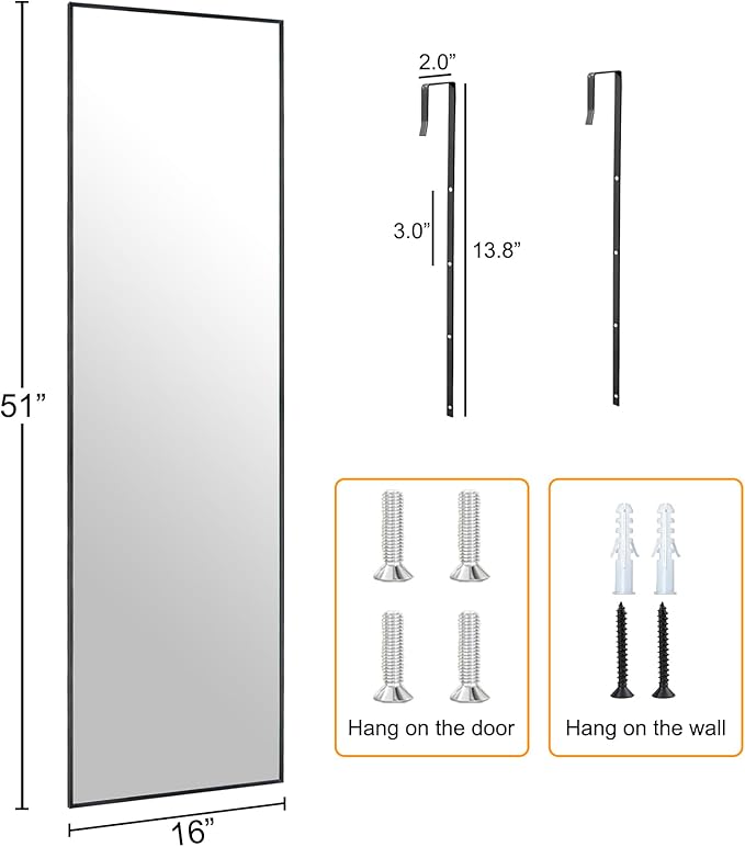 Ruomeng 51x16 Inch Full Length Door Hanging Mirror, Rectangle Full Body Mirror Over The Door, Wall Mounted Metal Aluminum Framed, Tempered Glass Mirror for Bathroom Entryway Bedroom Living Room