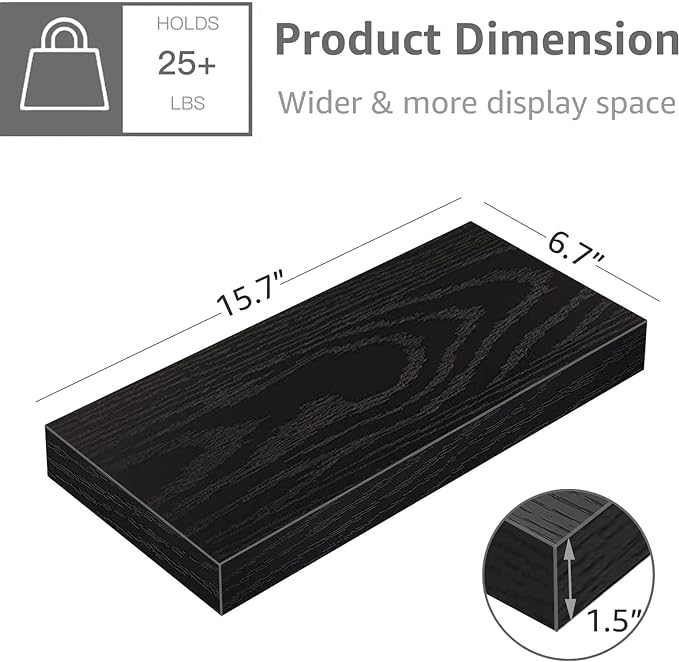 QEEIG Floating Shelf for Wall Bathroom Shelves Bedroom Kitchen Living Room Farmhouse Small Book Shelf 16 inch Set of 1, Black (015-B1)