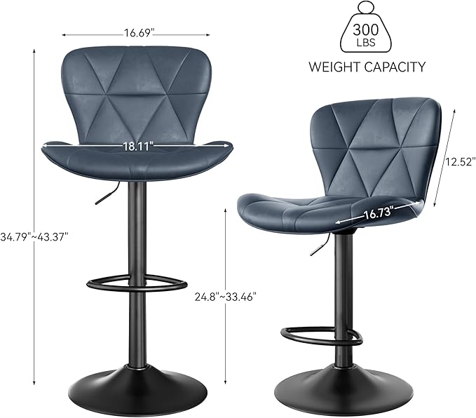Nalupatio Modern Bar Stools Set of 2, Adjustable Faux Leather Upholstered Swivel Bar Stools, Counter Height Bar Chairs with Back for Kitchen Island, Dark Blue