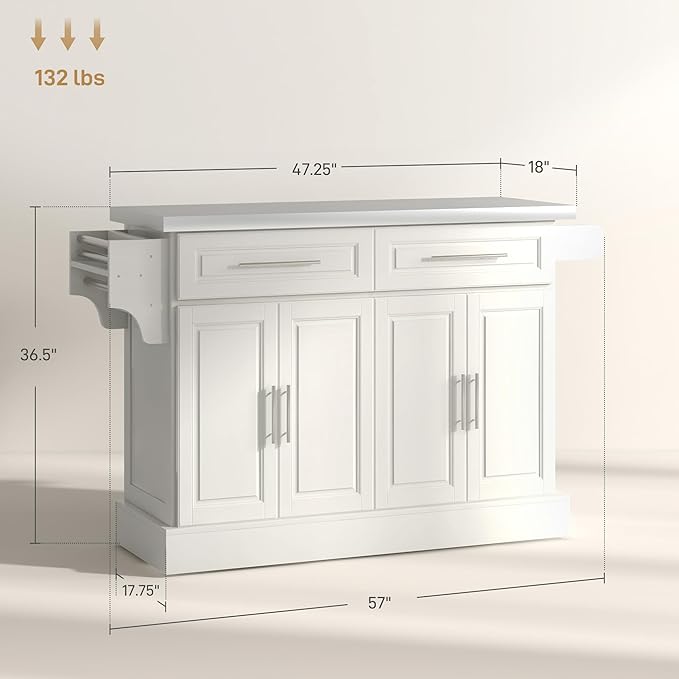 HOMCOM Rolling Kitchen Island Cart with 47" Stainless Steel Top, Portable Island Table for Kitchen with Wheels, Adjustable Shelves, 2 Drawers, Spice, Knife and Towel Rack, Cream White