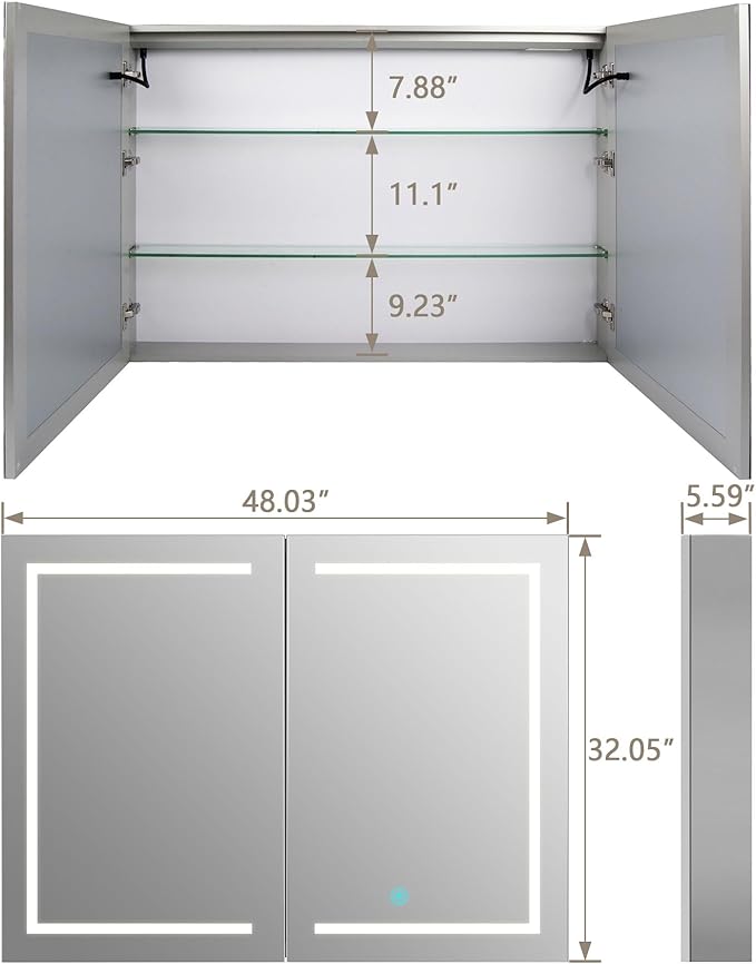 DeerValley Led Lighted Medicine Cabinet with Mirror, 48" W x 32" H Mirrored Medicine Cabinet with Lights for Bathroom with Defogger & Dimmable 3-Color