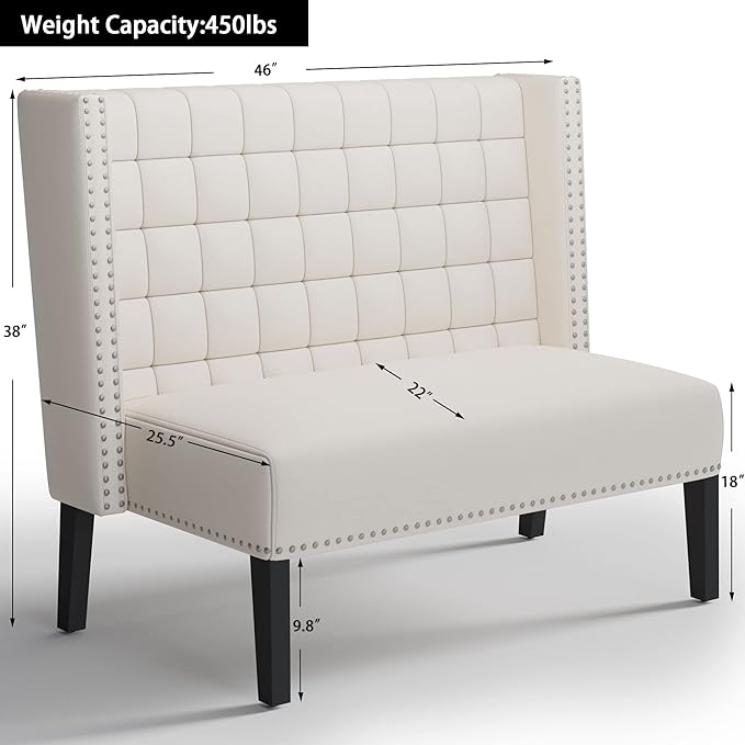 Andeworld Modern Loveseat Settee Bench Sofa Couch, Upholstered Banquette Dining Bench with Back for Dining Living Room Hallway or Entryway Seating,White