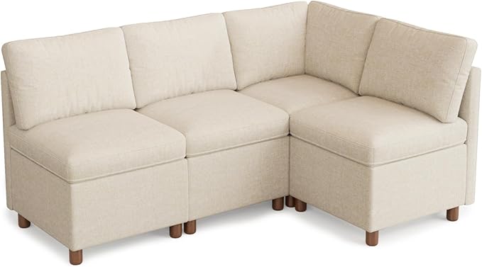 SITJOY Breakfast Nook Bench with Storage, Modular Corner Kitchen Banquette Seating, Dining Settee Couch, Upholstered Dining Bench with Back, Soft-to-Touch Fabric in Beige, 4-Seat L Shaped Nook