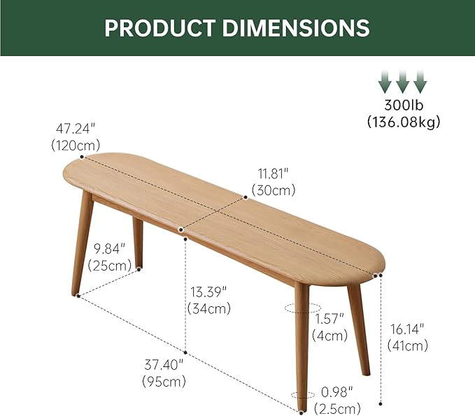 47'' 100% Solid Oak Wood Dining Bench,Rounded Corner Baguette Shape Chair Surface Design,Entryway Bedroom Bed End Bench (47.3inch, Natural Oak)
