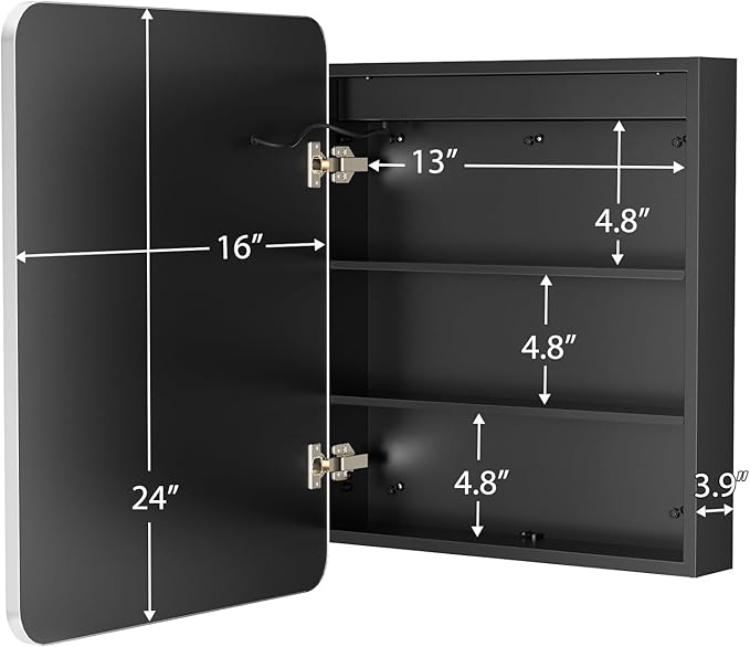 ROOMTEC 16 x 24 Inch Medicine Cabinet Mirror with LED Lights, Silver Bathroom Medicine Cabinet with Mirror and Storage, Recessed or Wall Mount, 3 Color Temperature, Dimmable Light
