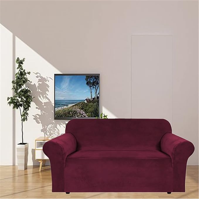 Velvet Stretch Sofa Slipcover 1-Piece Couch Sofa Cover Furniture Protector Soft with Elastic Bottom for Kids, Spandex Stretchy Fabric (Burgundy, Sofa Oversize)