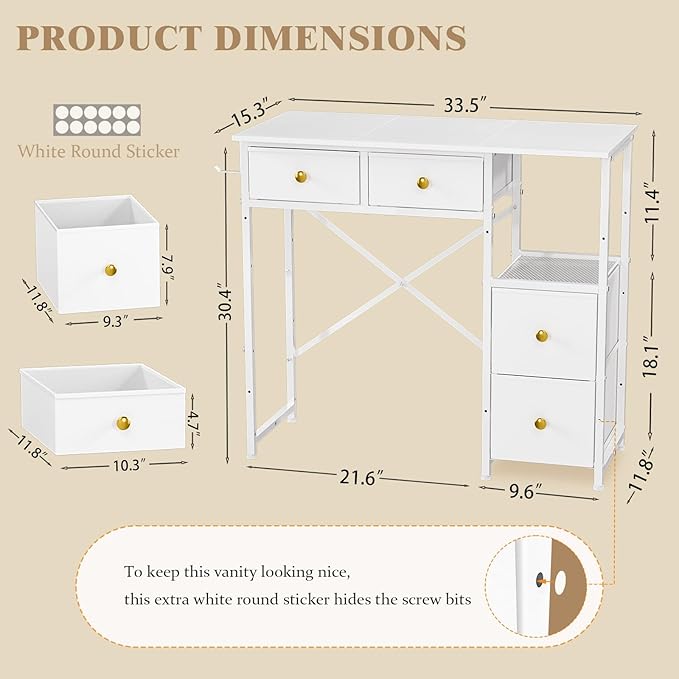 3IngSeagulls White Vanity Desk Without Mirror, Small Makeup Desk with 4 Fabric Drawers, 33.5 Inches Dressing Table with Storage, Vanity Table for Bedroom with Hook, White