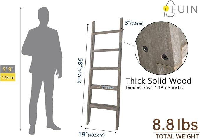 FUIN 5ft (58") Wood Blanket Ladder Living Room Decorative Wall Leaning Farmhouse Quilt Display Holder Shelf Rustic Wooden Towel Rack for Bathroom, Grey