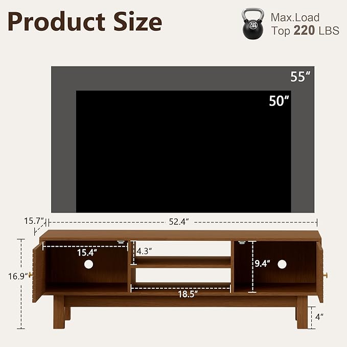 YOSHOOT Mid Century TV Stand for 55 inch TVs, Modern Entertainment Center with Storage Cabinets, Solid Wood Media Console with Open Shelves for Living Room & Bedroom, Walnut