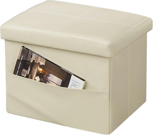 AmasSmile Storage Ottoman Folding Foot Rest Stool with Side Pocket, 16 inch Leather Footstool Bench, Short Ottoman Bench, Storage Foot Rest Store, Books (Beige-2)