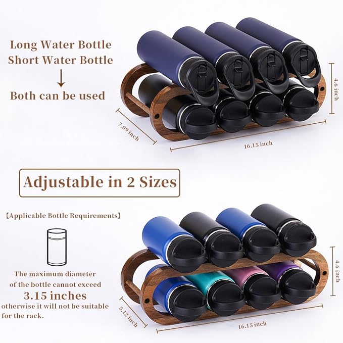 Navtcow Wine Rack and Water Bottle Organizer 2 in 1 for Cabinet and Countertop - Adjustable in 2 Sizes (Acacia Wood 2 Tier)