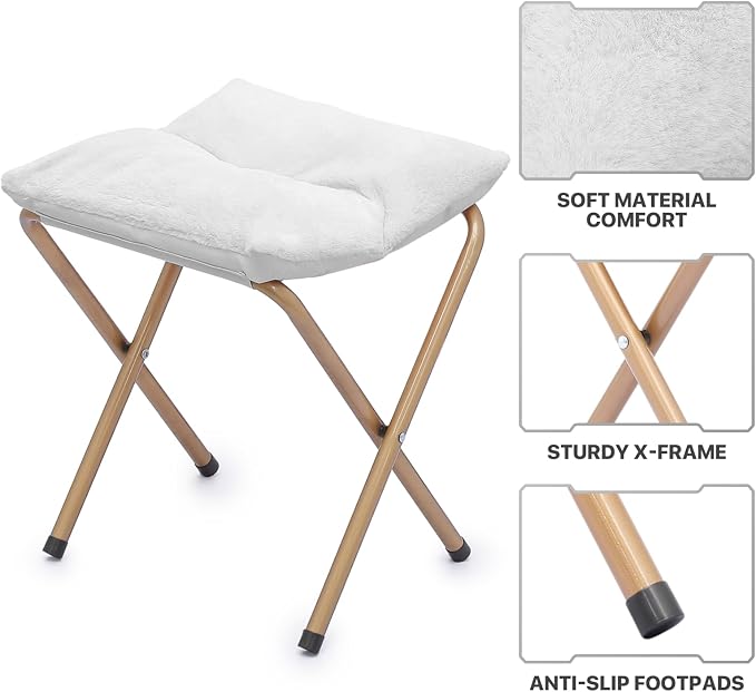 MoNiBloom Square Folding Faux Fur Saucer Chair for Bedroom Living Room Dorm Foldable Metal Frame Oversized Large Comfy Furry Padded Soft Cozy Moon Chair with Footrest Ottoman for Adults (White)