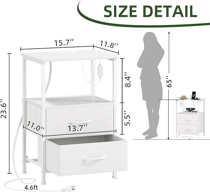 Somdot White Nightstand with Charging Station and LED Light for Bedroom, 2 Drawers Dresser with Fabric Bins for Bedside Kids Dorm Room Closet Laundry Entryway, White Leather