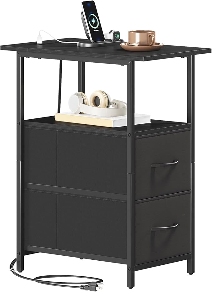 Somdot End Table with Charging Station, Narrow Side Table with 2 Fabric Drawers, Skinny Nightstand with Storage, Small Slim Bedside Table for Living Room, Sofa, Bedroom, Couch, Black