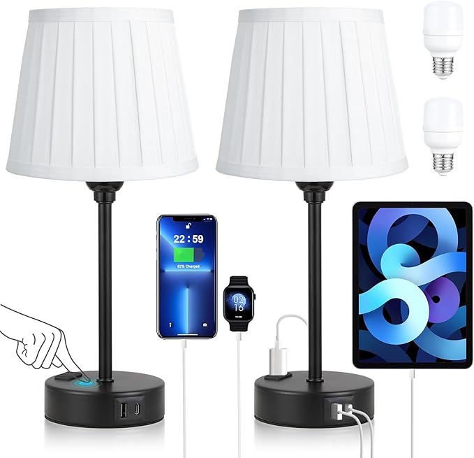 White Bedside Lamps for bedrooms Set of 2 - White Pleated Lamp Shade with USB Charging Ports, Touch Lamps for Nighstand, Night Stand Lamp for Dorm/Office/Living Room/Class Room