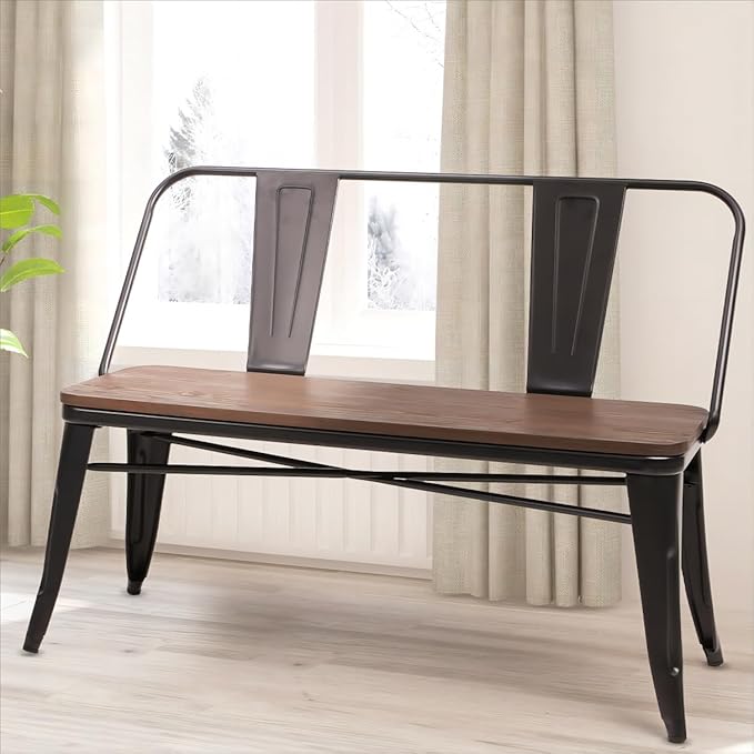 YOLENY Dining Bench, Entryway Bench with Back, Farmhouse Metal Dining Bench, Industrial Mid-Century 3 Person Rustic Spindle Bench, with Wood Seat, Removable Backrest, 42in, Black