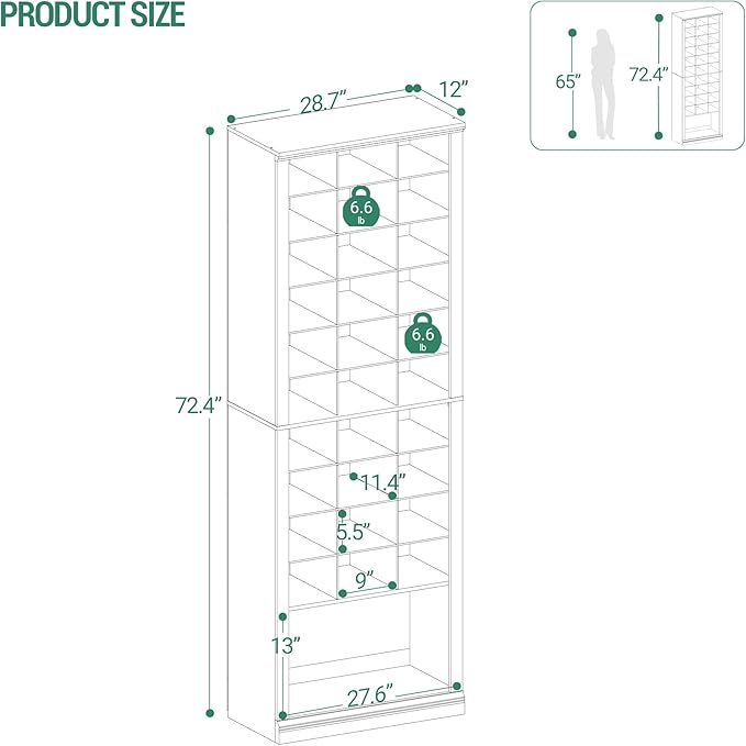 Hzuaneri 11 Tiers Shoe Storage Cabinet, Tall Shoes Cabinet with Cubby, Freestanding Wooden Shoe Organizer, 30-33 Pairs, Shoes Cubby Organizer for Entryway, Bedroom, White SR39303X