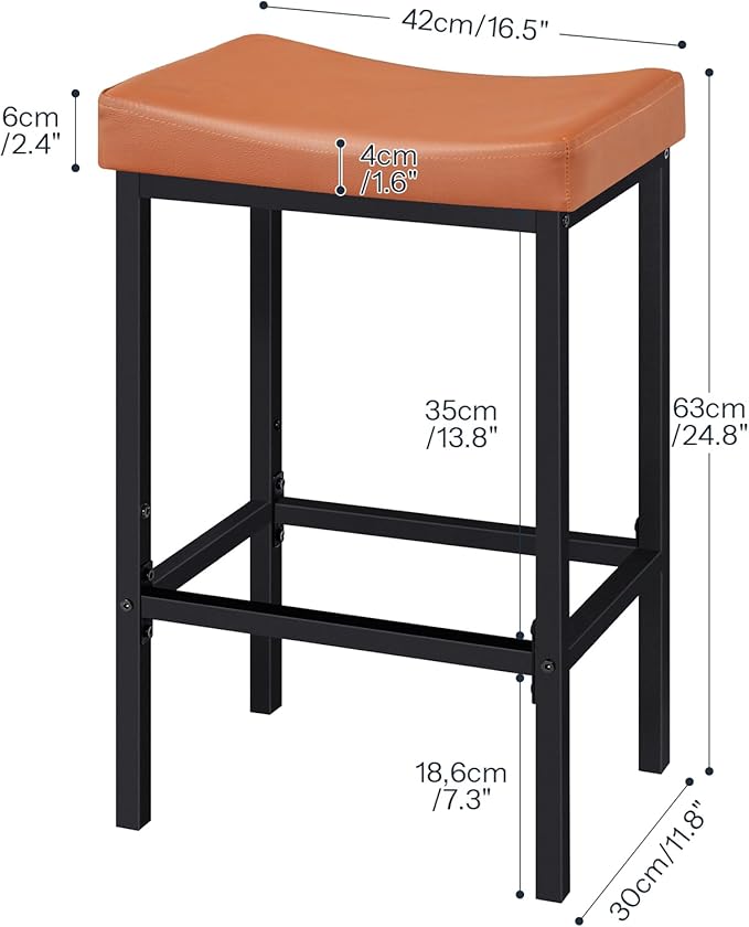 HOOBRO Bar Stools, Set of 2 Bar Chairs, Counter Height Stools, Saddle Barstools with Curved Surface, 24.8 Inches, 2.4" Thick Upholstery, for Kitchen, Dining Room, Cafe Orange-Brown and Black CB10BY01