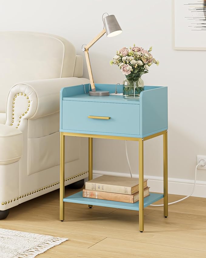 Nightstand with Charging Station,3-Tier Modern Bedside Table Night Stand with Storage Drawer and Open Shelf,Small End Side Table for Bedroom,Living Room,Blue