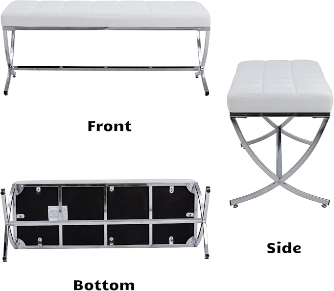 HEAH-YO Modern Button Tufted Bench, PU Faux Leather Ottoman Dining Bench, Stylish Footstool for Entryway Bedroom Kitchen Dining Table, White