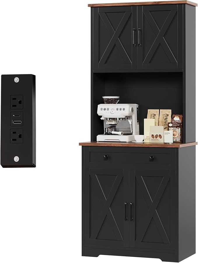 IDEALHOUSE 71" Pantry Cabinet with Charging Station, Tall Kitchen Pantry Storage Cabinet with Microwave Stand, Large Farmhouse Kitchen Hutch with Cabinet Doors & Drawer for Living Room, Dining Room