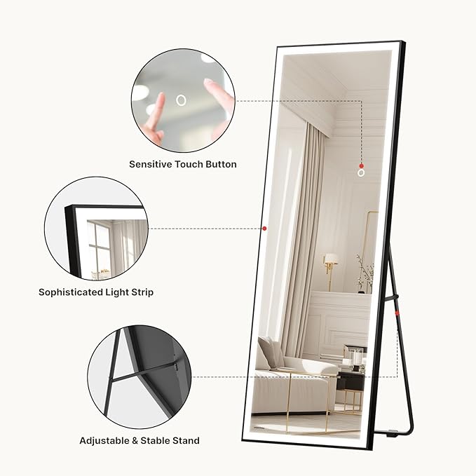 Kosmonia 67x20 Full Length Mirror, Dimmable 3 Color LED Light w/Light Memory, Distortion Free Silver Coating Mirror, HD Reflection &Anti Desilvering,Tempered Glass, Easy Setup w/Stand, Wall/Standing