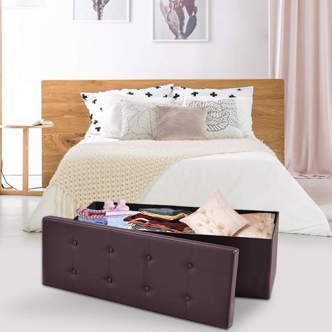 Folding Storage Ottoman Bench, 45" Large Ottoman Space-Saving Bench,Faux Leather Storage Chest with Memory Foam,Footrest Padded Stool Seat for Bedroom Toy Chest, Brown,Leather